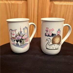 "Country Kitchen" or "Country Cottage" style ceramic mugs vintage set of 2